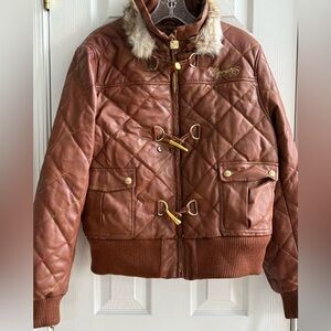 NWT Vintage COOGI Brown Faux Leather Moto Bomber Jacket